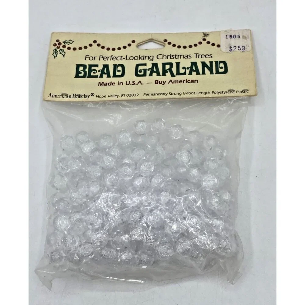 Vtg American Holiday Clear Bead Garland 8FT Polystyrene Plastic Christmas NIP